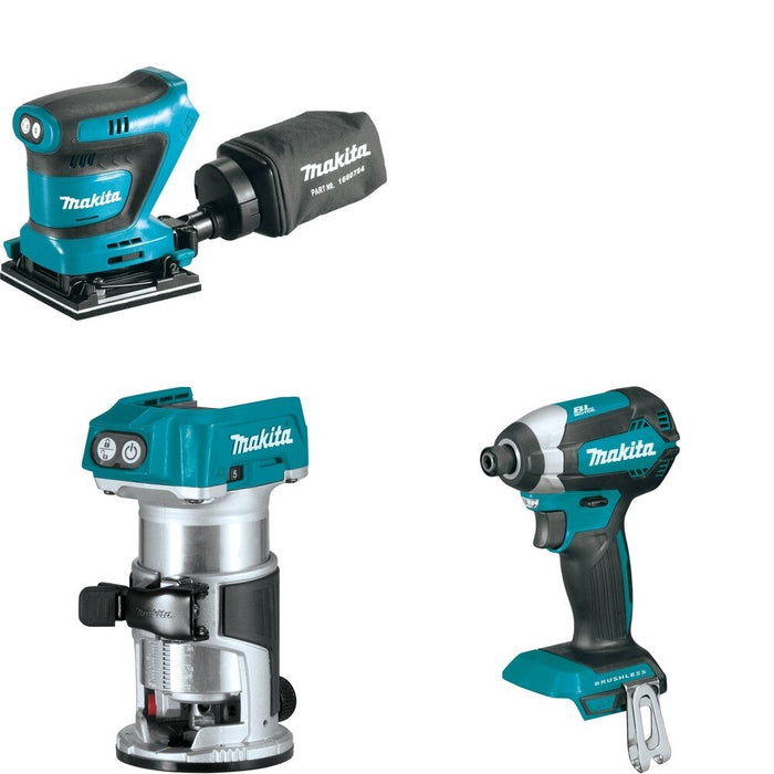 Makita XTR01Z Compact Router W/ XOB02Z Finishing Sander and FREE XDT13Z Impact Driver