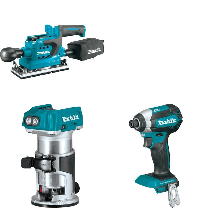 Makita XTR01Z Compact Router W/ XOB03Z Finishing Sander and FREE XDT13Z Impact Driver