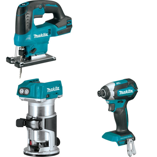 Makita XTR01Z Compact Router W/ XVJ04Z Jig Saw and FREE XDT13Z Impact Driver