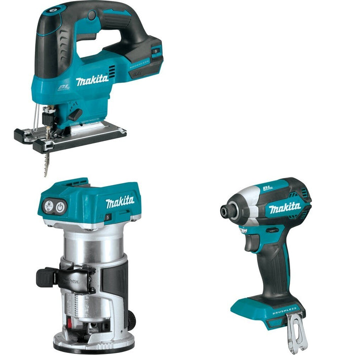 Makita XTR01Z Compact Router W/ XVJ04Z Jig Saw and FREE XDT13Z Impact Driver