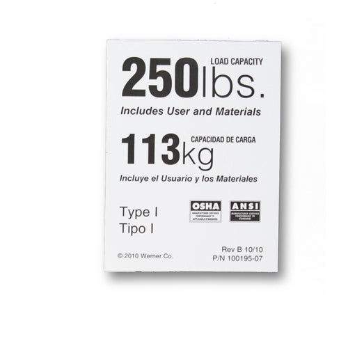 Werner LDR250 250-Duty Rating Label