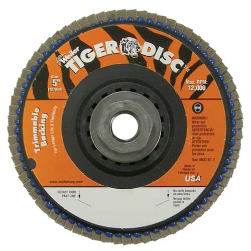 Weiler 50014 5" Tiger Disc Abrasive Flap Disc, Angled, Trimmable Backing, 40Z, 5/8"-11, Pack/10 - My Tool Store