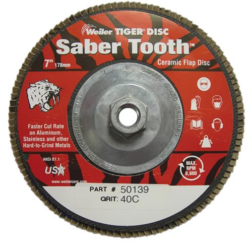 Weiler 50139 7" Saber Tooth High Density Ceramic Abrasive Flap Disc, 40 Grit, 5/8"-11, Pack/10