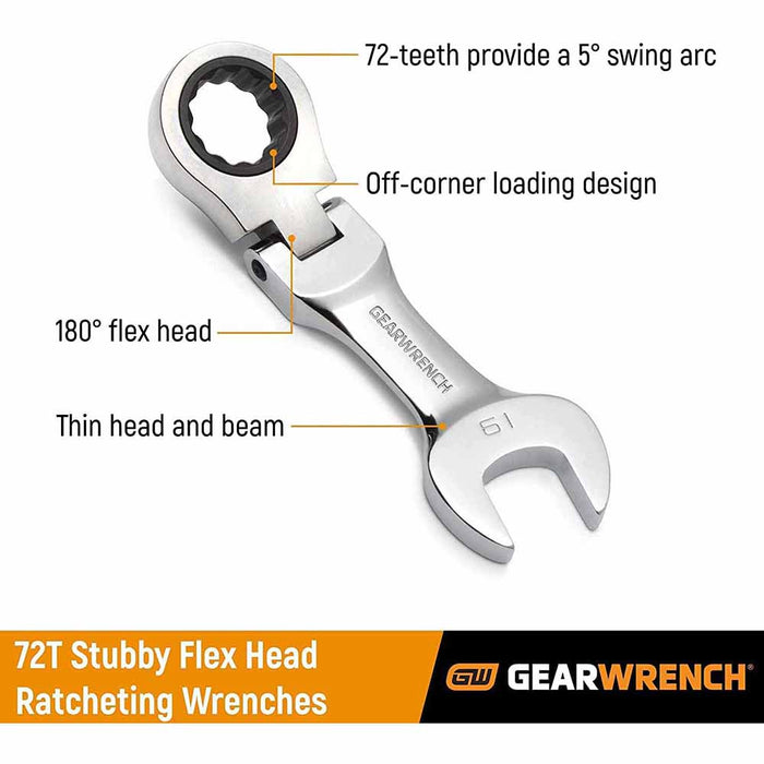 GearWrench 9570 7 Pc. 72-Tooth 12 Point Stubby Flex Head Ratcheting Combination SAE Wrench Set