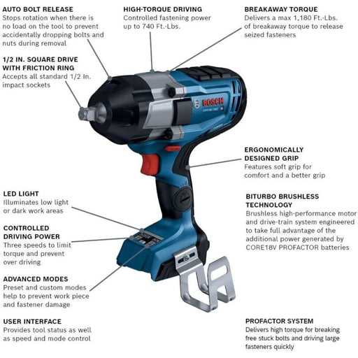 Bosch GDS18V-740CN 18V PROFACTOR Brushless Connected-Ready 1/2" Impact Wrench w/ Friction Ring (Bare Tool) - My Tool Store
