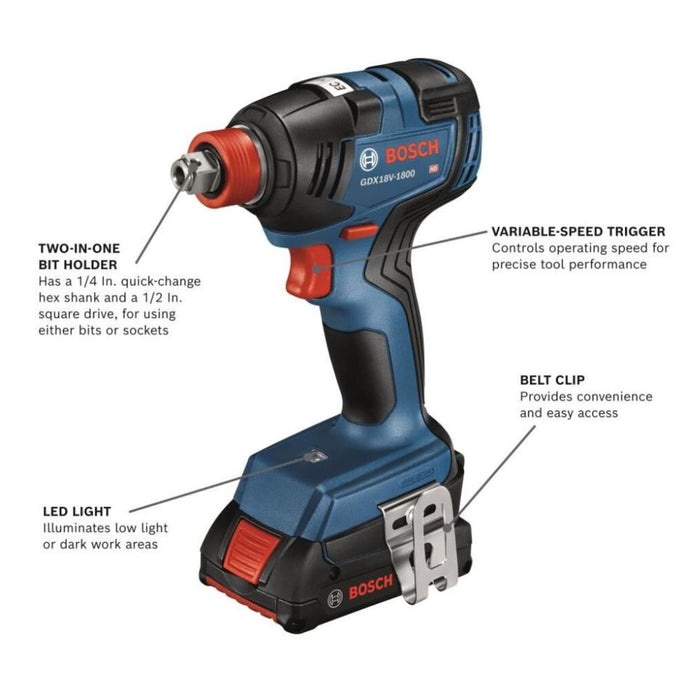 Bosch GDX18V-1800B12 18V Two-In-One 1/4" and 1/2" Bit/Socket Impact Driver/Wrench Kit with 2 Ah Standard Power Battery - My Tool Store