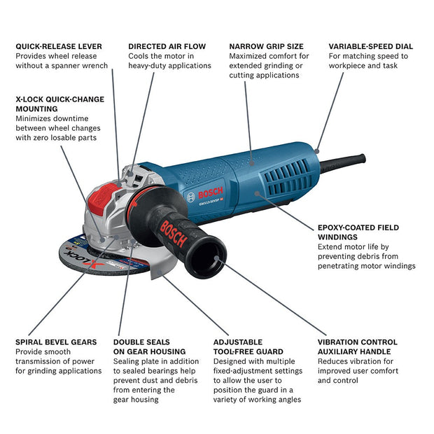 Bosch GWX13-50VSP 5" 13A X-Lock Variable Speed Angle Grinder with Paddle Switch