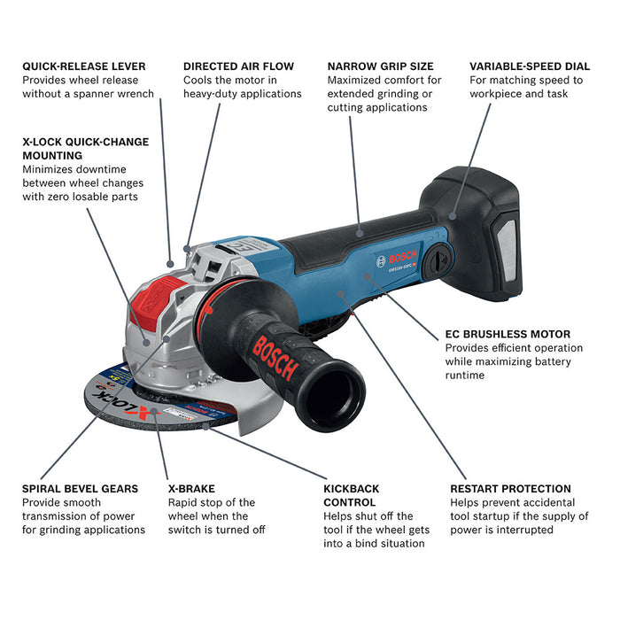 Bosch GWX18V-50PCN 4-1/2"-5" 18V X-Lock Angle Grinder with No Lock-on Paddle Switch, Bare - My Tool Store