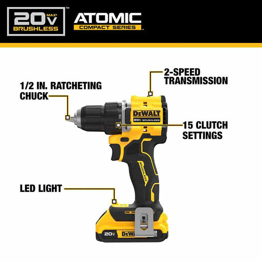 DeWalt DCD794D1 ATOMIC COMPACT SERIES 20V MAX Brushless Cordless 1/2 in. Drill/Driver Kit - My Tool Store