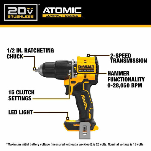 DeWalt DCD799B ATOMIC COMPACT SERIES 20V MAX Brushless Cordless 1/2 in. Hammer Drill (Tool Only) - My Tool Store