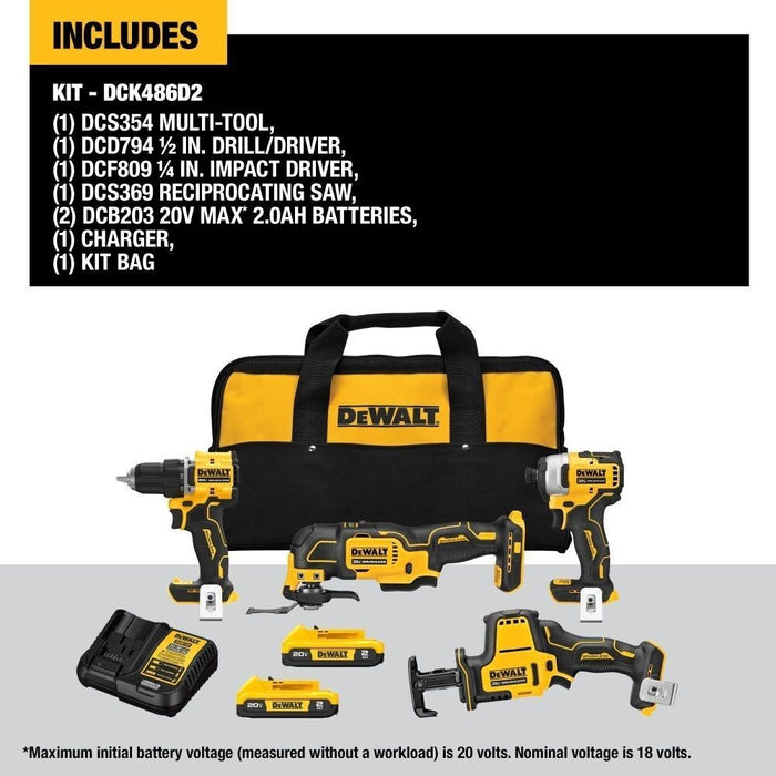 DeWalt DCK486D2 ATOMIC 20-Volt Lithium-Ion Cordless Brushless Combo Kit (4-Tool) with (2) 2.0Ah Batteries, Charger and Bag - My Tool Store