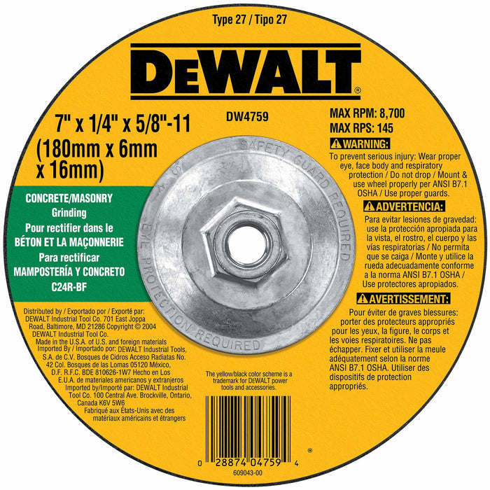 DeWalt DW4759 7" x 1/4" x 5/8"-11 Concrete/Masonry Grinding Wheel