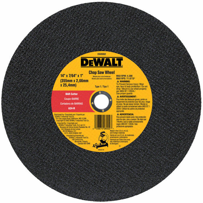 DeWalt DW8002 14" x 7/64" x 1" Bar Cutter Chop Saw Wheel (Heavy Metal)