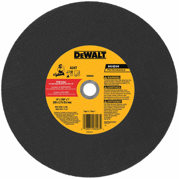 DeWalt DW8003 14" x 7/64" x 1" Stud Cutter Chop Saw Wheel (Light Metal) - My Tool Store