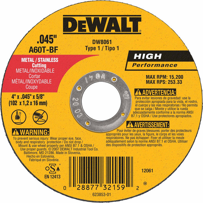 DeWalt DW8061 4" x .045" x 5/8" Metal Cutting Angle Grinder Thin Cutoff Wheel