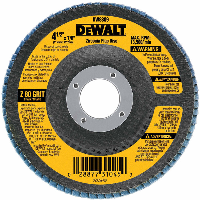 DeWalt DW8309 4-1/2" x 7/8" 80 Grit Zirconia Flap Disc