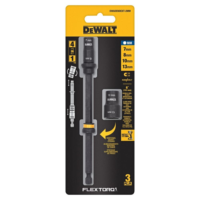 DeWalt DWADENDEXT-2MM 7mm & 8mm Socket, 10mm & 13mm Socket, with 6" Extension - My Tool Store
