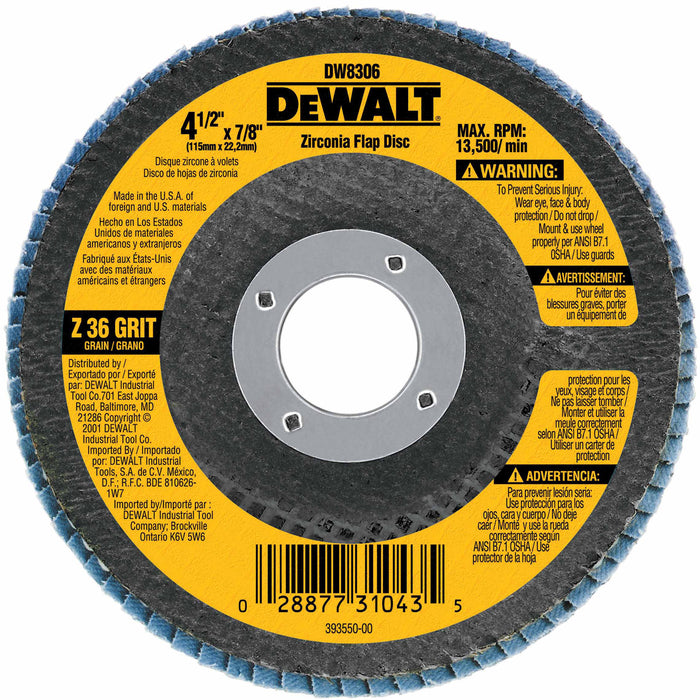 DeWalt DW8306 4-1/2" x 7/8" 36 Grit Zirconia Flap Disc - My Tool Store