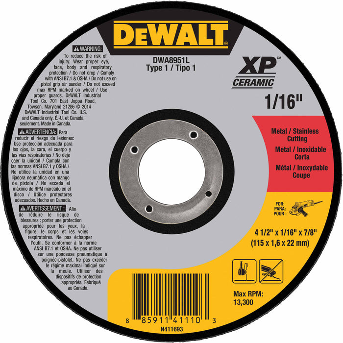DeWalt DWA8951L 4-1/2" x 1/16" x 7/8" XP Ceramic Type 1 Metal / Stainless Cutting Wheel - My Tool Store