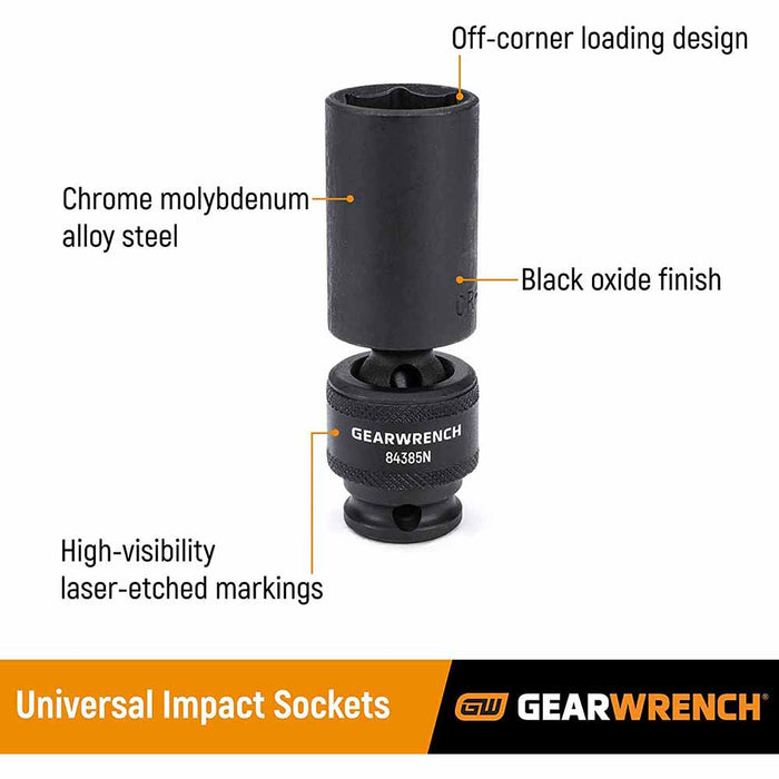 GearWrench 84945N 10 Pc. 1/2" Drive 6 Point Deep Universal Impact Metric Socket Set