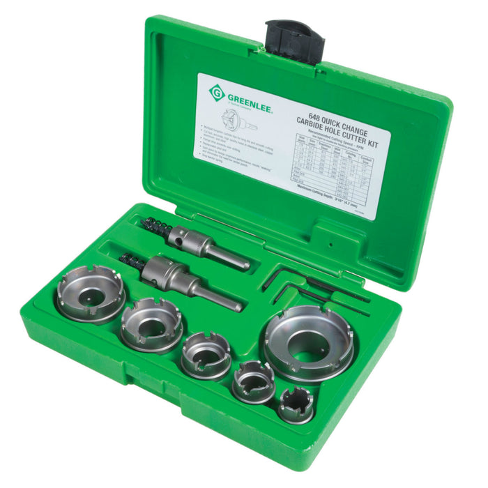 Greenlee 648 8 Piece Quick Change Carbide Hole Cutter Kit, 1/2" - 2-1/2" - My Tool Store