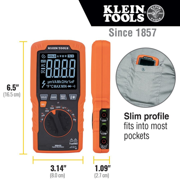 Klein MM450 Slim Digital Multimeter, TRMS Auto-Ranging, 600V, Temp