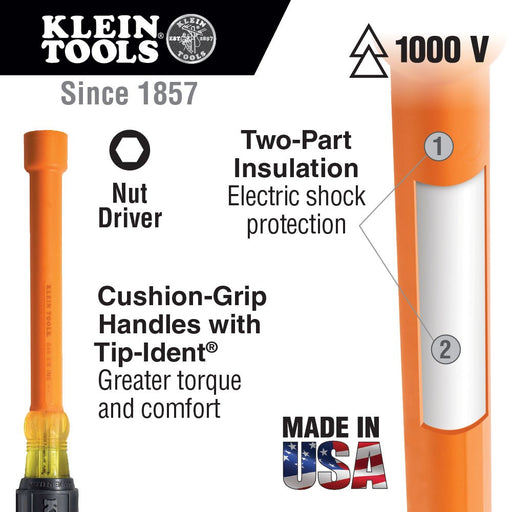 Klein Tools 646-1/4-INS Insulated 1/4" Nut Driver, 6" Hollow Shaft - My Tool Store
