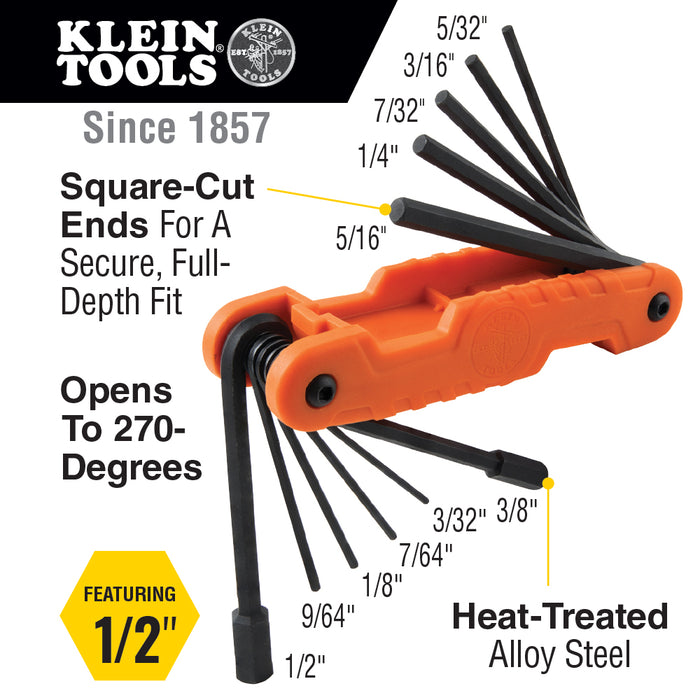 Klein 70550 Pro Folding Hex Key Set, 11 Fractional Inch-Sized Keys - My Tool Store