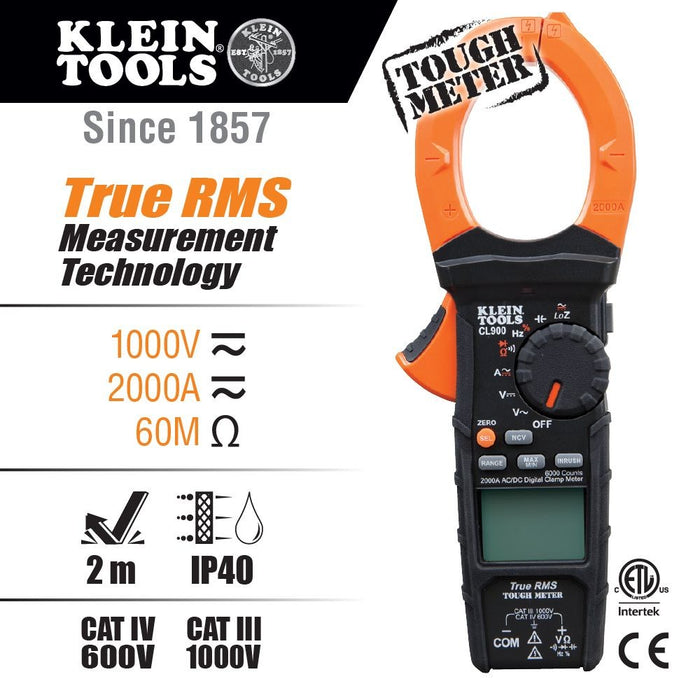 Klein CL900 Digital Clamp Meter, AC Auto-Range TRMS, Low Impedance (LoZ), 2000 Amp