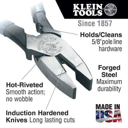 Klein Tools HD213-9NETH Lineman's Pliers Bolt Thread-Holding, 9" - My Tool Store