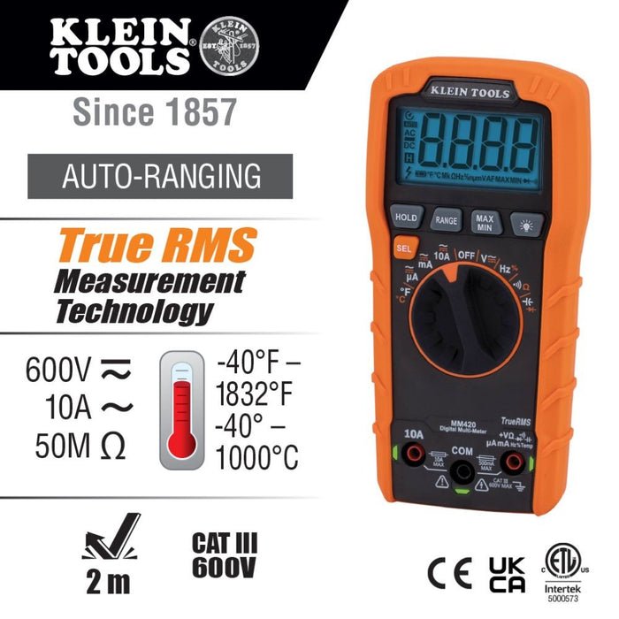 Klein MM420 Digital Multimeter, TRMS Auto-Ranging, 600V, Temp