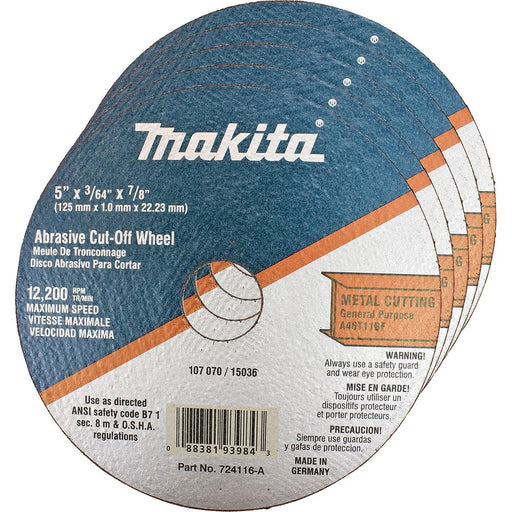 Makita 724116-A-25 5" x 7/8" x 3/64" Super Thin Cut-off Wheel, Metal, 25 Pack - My Tool Store