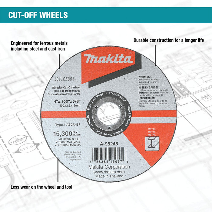 Makita A-98815-25 4" x .100" x 5/8" Cut-off Wheel, Metal, 25/pk