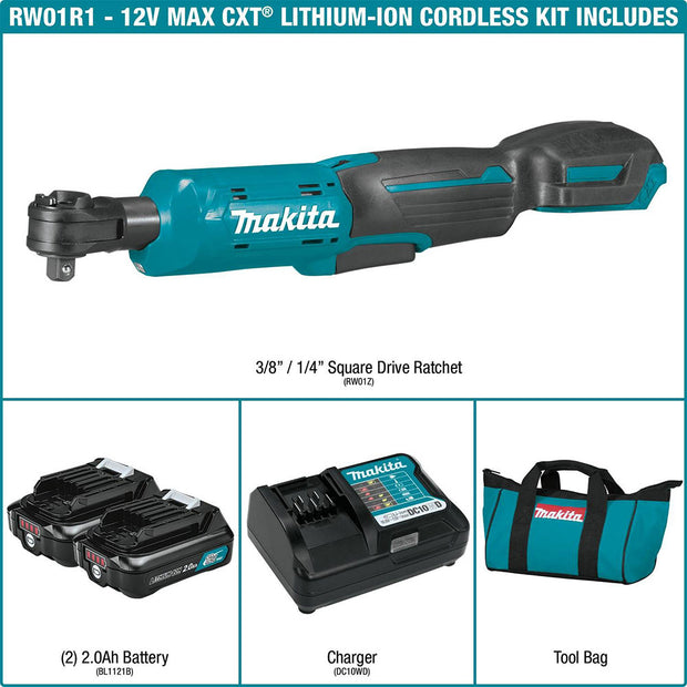 Makita RW01R1 12V max CXT 3/8" / 1/4" Square Drive Ratchet Kit (2.0Ah)