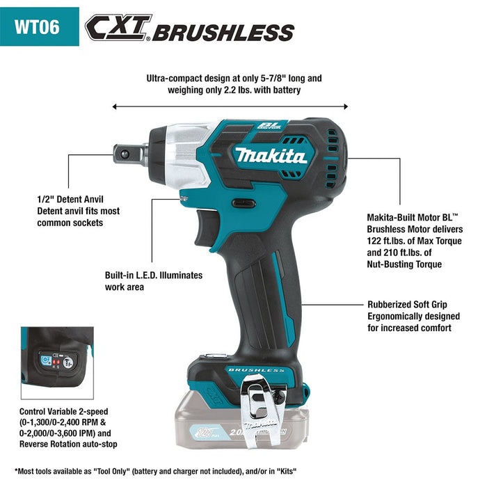 Makita WT06Z 12V max CXT 1/2" Square Drive Impact Wrench (Tool Only) - My Tool Store