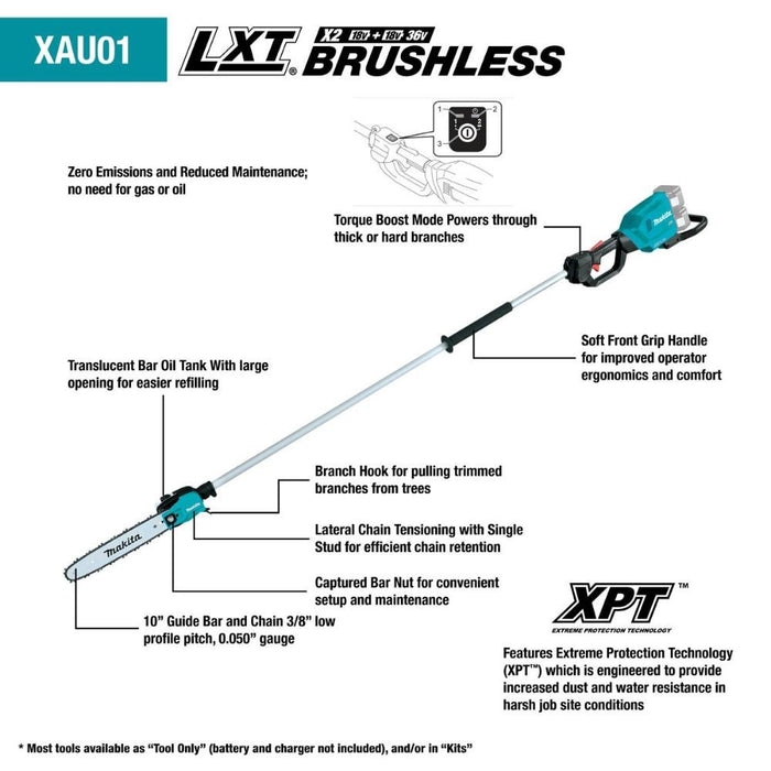 Makita XAU01PTB 36V (18V X2) LXT Brushless 10" Pole Saw Kit, 8' Length (5.0Ah)