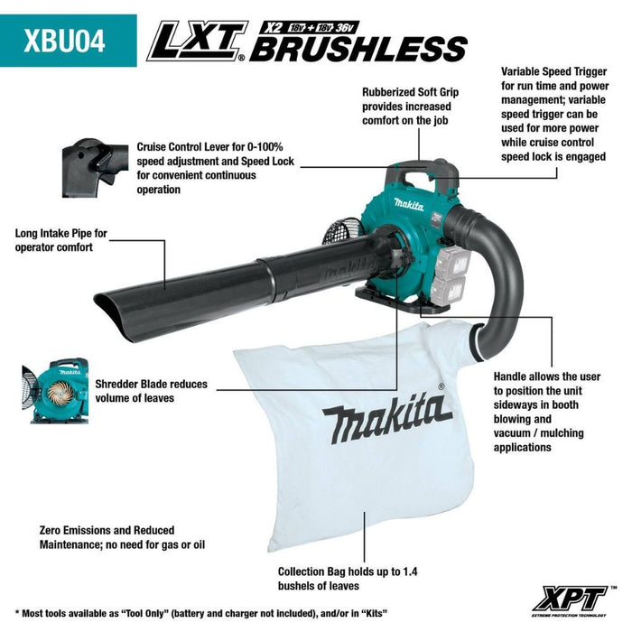 Makita XBU04PTV 36V (18V X2) LXT Brushless Blower Kit with Vacuum Attachment Kit, dual port charger (5.0Ah)