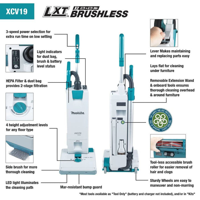 Makita XCV19Z 36V (18V X2) LXT Brushless 1.3 Gallon HEPA Filter 12” Upright Vacuum (Tool Only)