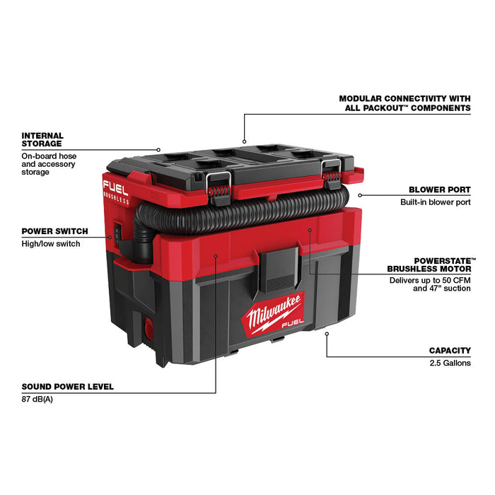 Milwaukee  0970-20 M18 FUEL PACKOUT 2.5 Gallon Wet/Dry Vacuum - My Tool Store