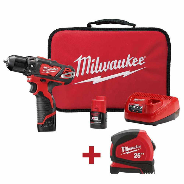 Milwaukee 2407-22T M12 Cordless 3/8 in. Drill Driver Kit with 25 ft Tape Measure
