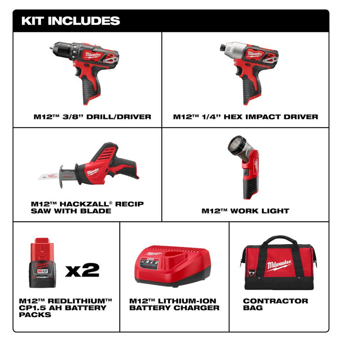 Milwaukee 2498-24 M12™ 4 - Tool Combo Kit with Drill, Impact, Hackzall™ & Flashlight