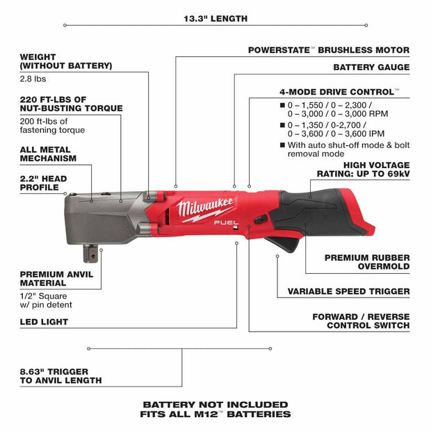 Milwaukee 2565P-20 M12 FUEL 1/2" Right Angle Impact Wrench w/ Pin Detent (Bare Tool)