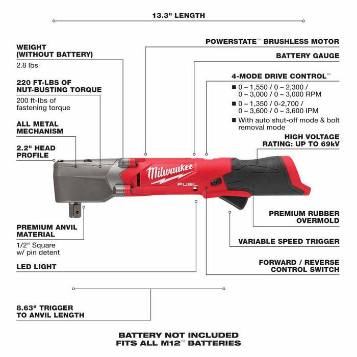 Milwaukee 2565P-20 M12 FUEL 1/2" Right Angle Impact Wrench w/ Pin Detent (Bare Tool) - My Tool Store
