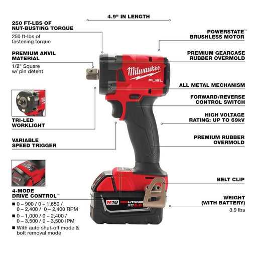 Milwaukee 2855P-22R M18 FUEL 1/2 " Compact Impact Wrench w/ Pin Detent Kit - My Tool Store