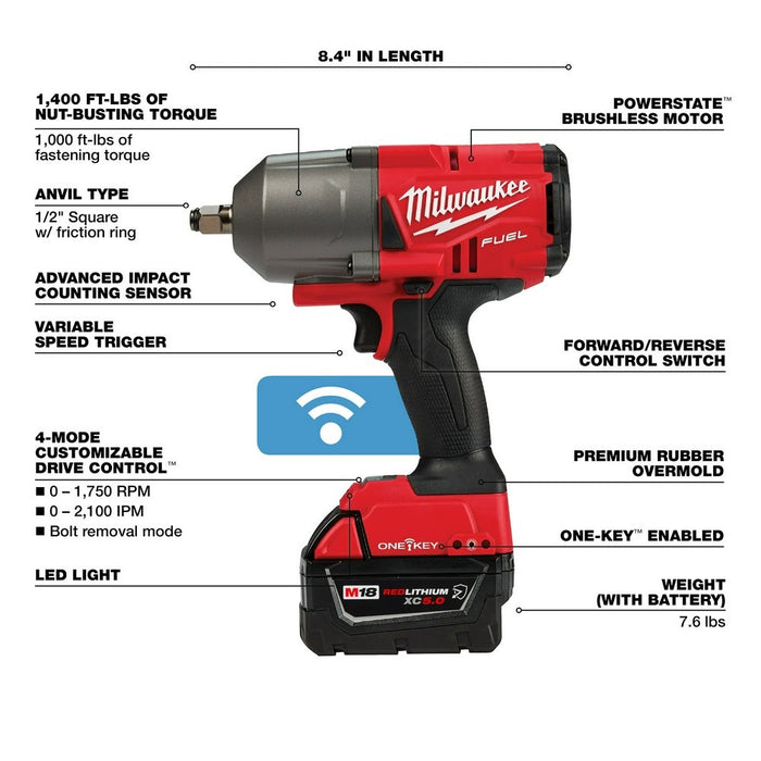 Milwaukee 2863-22R M18 FUEL w/ ONE-KEY High Torque Impact Wrench 1/2" Friction Ring Kit - My Tool Store