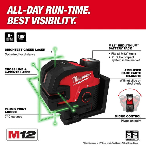 Milwaukee 3624-20 M12 Green Laser - Cross Line & 4-Points - My Tool Store