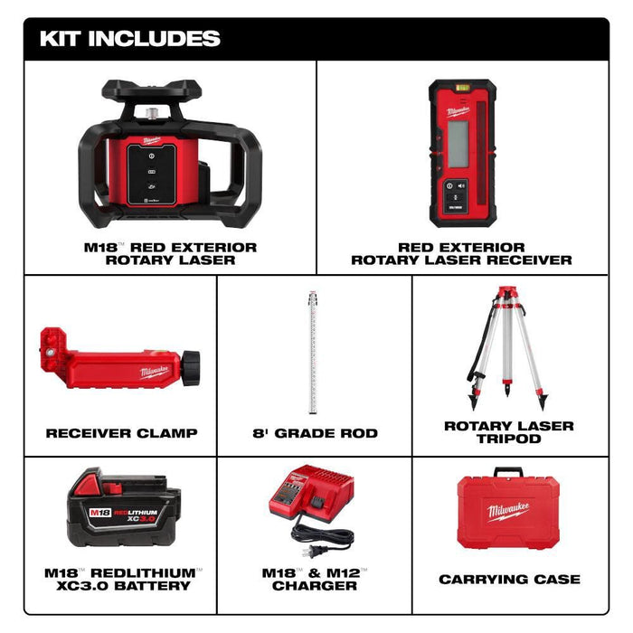 Milwaukee 3701-21T M18 Red Exterior Rotary Laser Level Kit w/ Receiver, Tripod, & Grade Rod - My Tool Store