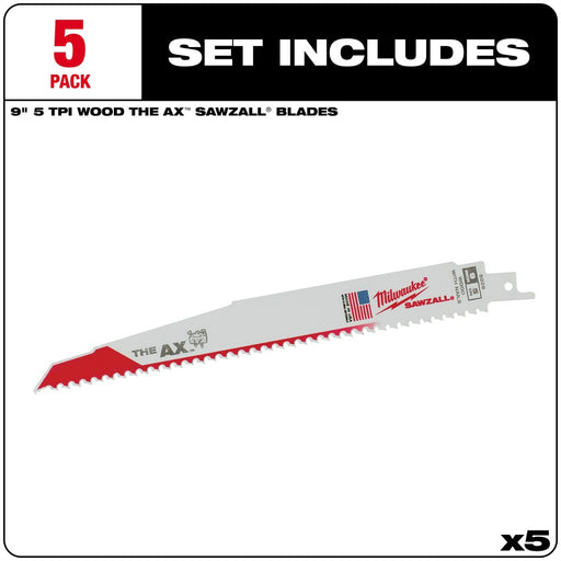 Milwaukee 48-00-5026 9" x 5 TPI Bi-Metal AX Super Sawzall Blade 5-Pack - My Tool Store