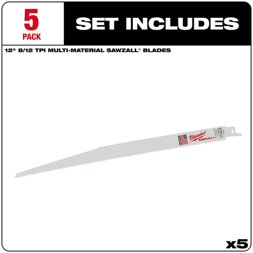 Milwaukee 48-00-5094 12" x 8/12TPI Bi-Metal Super Sawzall Blade, 5 Pack - My Tool Store