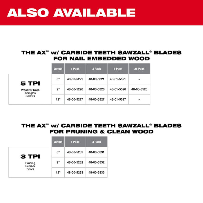 Milwaukee 48-00-5232 9" 3 TPI The AX™ with Carbide Teeth for Pruning & Clean Wood SAWZALL® Blade 1PK